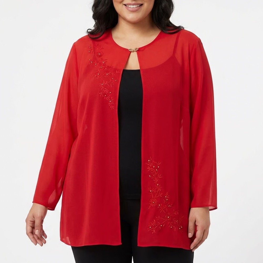 Montee Collection Red Floral Embroidered Open Front Blouse Plus Size 22W